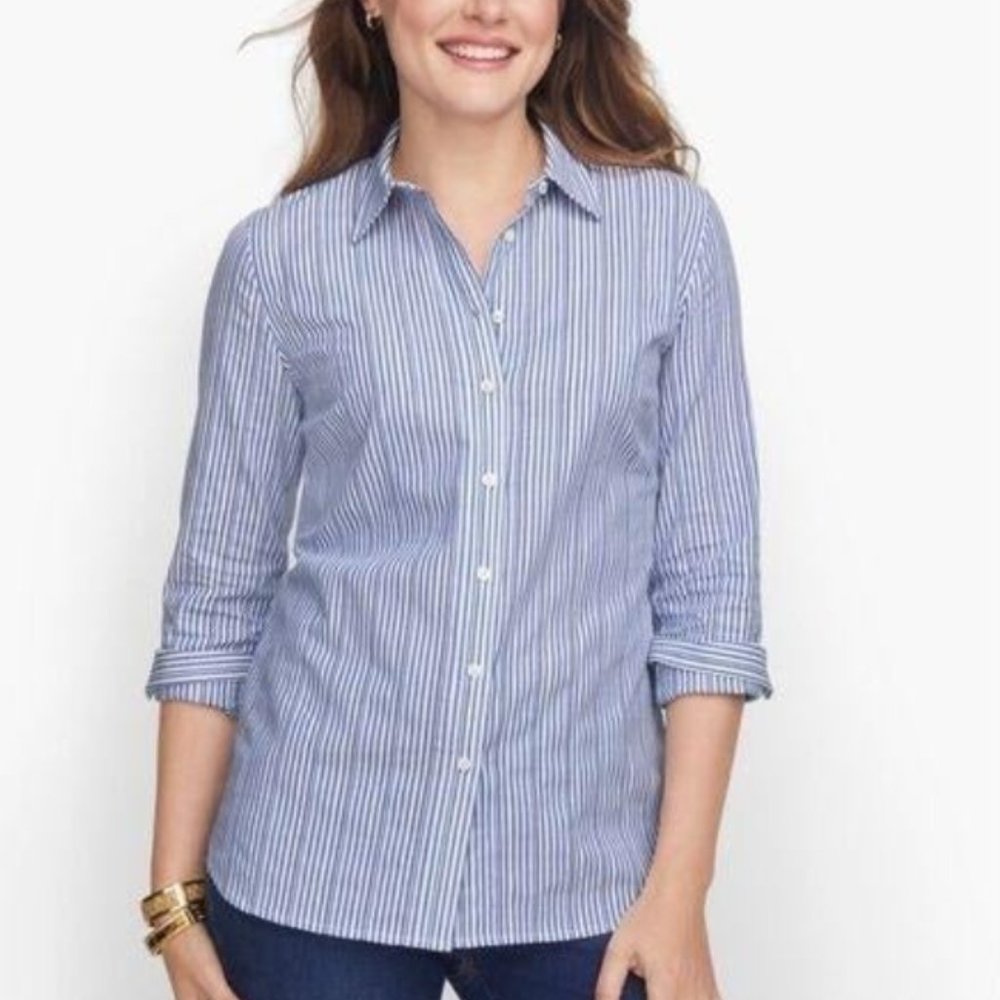 Talbots Classic Cotton Dobby Blue Stripe Shirt, Large